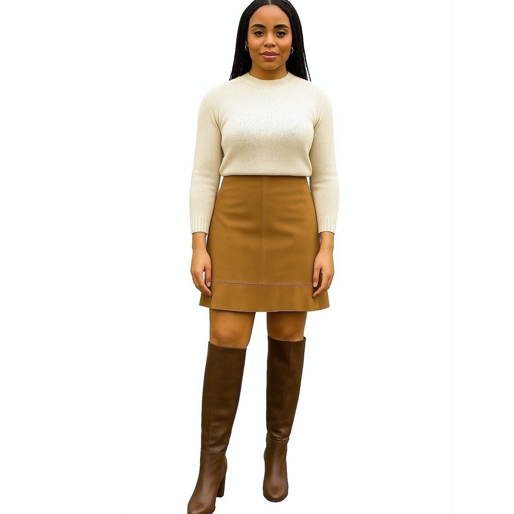 100% Suede Pencil Skirt Size 6 Tan Ruffle Hem Neutral Textured Classic Chic - Picture 1 of 7